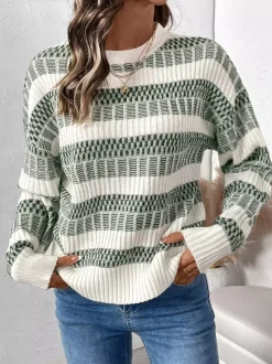 Women Pullover Sweater Hunter Green Two-Tone Jewel Neck Long Sleeves Layered Acrylic Sweaters