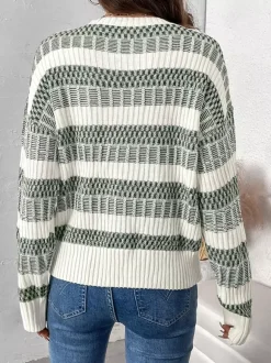 Women Pullover Sweater Hunter Green Two-Tone Jewel Neck Long Sleeves Layered Acrylic Sweaters