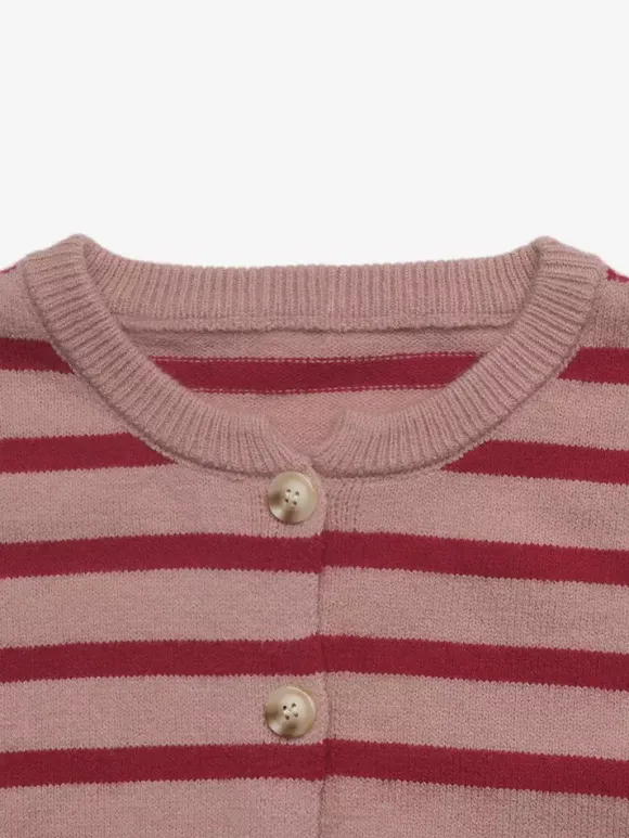 Women Pullover Sweater Red Buttons Stripes Jewel Neck Long Sleeves Sweaters