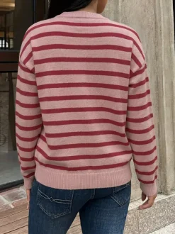 Women Pullover Sweater Red Buttons Stripes Jewel Neck Long Sleeves Sweaters