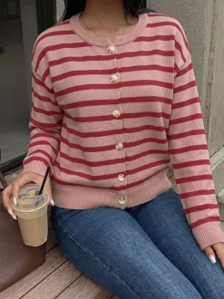 Women Pullover Sweater Red Buttons Stripes Jewel Neck Long Sleeves Sweaters