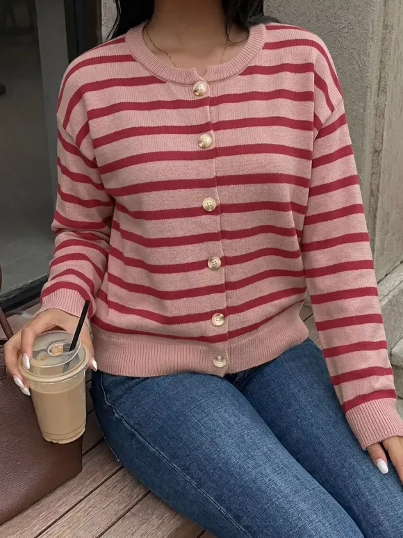 Women Pullover Sweater Red Buttons Stripes Jewel Neck Long Sleeves Sweaters