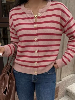 Women Pullover Sweater Red Buttons Stripes Jewel Neck Long Sleeves Sweaters