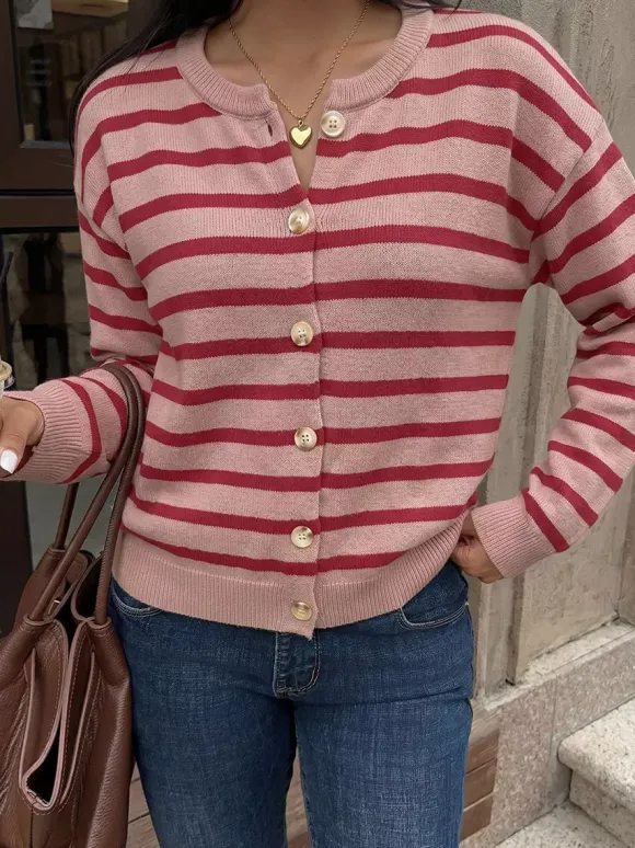 Women Pullover Sweater Red Buttons Stripes Jewel Neck Long Sleeves Sweaters