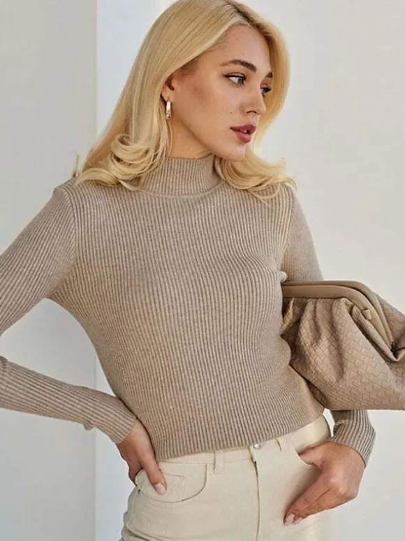 Women Pullover Tops High Collar Long Sleeves Sweaters