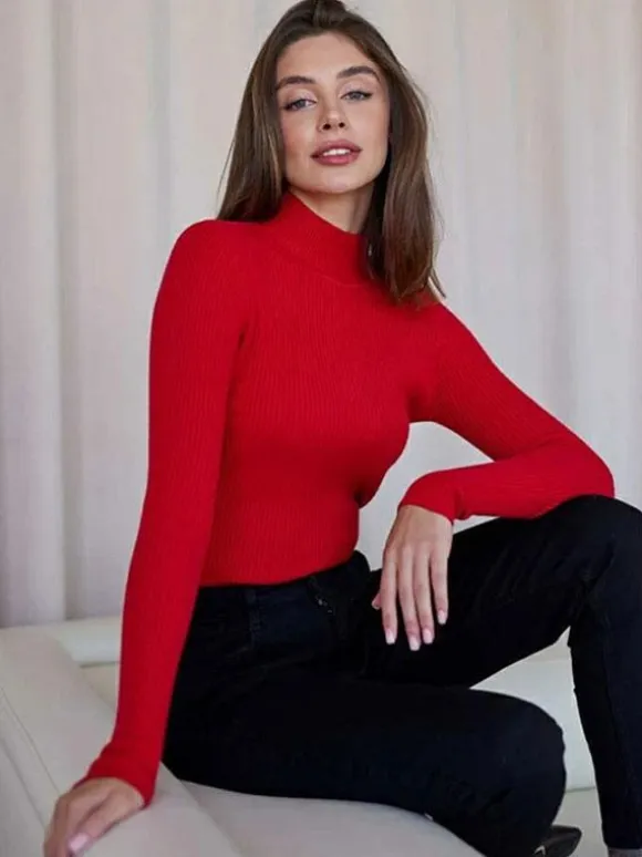 Women Pullover Tops High Collar Long Sleeves Sweaters