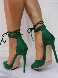 Women Pumps Pointed Toe Stiletto Heel Chic Green Ankle Strap Heels
