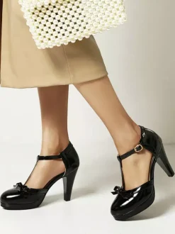 Women Round Toe Chunky Heel 1950s Vintage Shoes With Bow