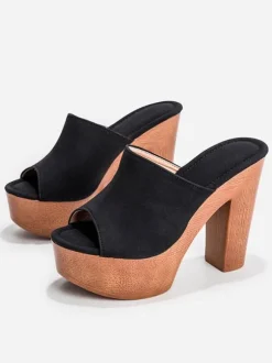 Women Sandals Terry Slide Open Toe Chunky Heel Slip-On Heeled Sandals