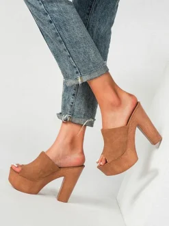 Women Sandals Terry Slide Open Toe Chunky Heel Slip-On Heeled Sandals