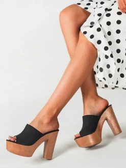 Women Sandals Terry Slide Open Toe Chunky Heel Slip-On Heeled Sandals