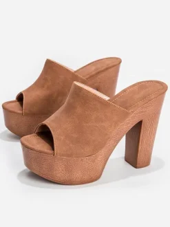 Women Sandals Terry Slide Open Toe Chunky Heel Slip-On Heeled Sandals