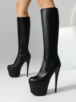 Women Sexy Boots Black Platform Round Toe Stiletto Heel Knee High Boots