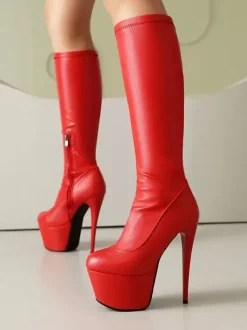 Women Sexy Boots Black Platform Round Toe Stiletto Heel Knee High Boots
