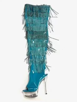 Women Sexy Boots Platform Peep Toe Zipper Stiletto Heel Rave Club Thigh High Boots With Rhinestones Tassles