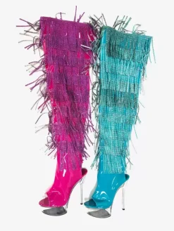 Women Sexy Boots Platform Peep Toe Zipper Stiletto Heel Rave Club Thigh High Boots With Rhinestones Tassles