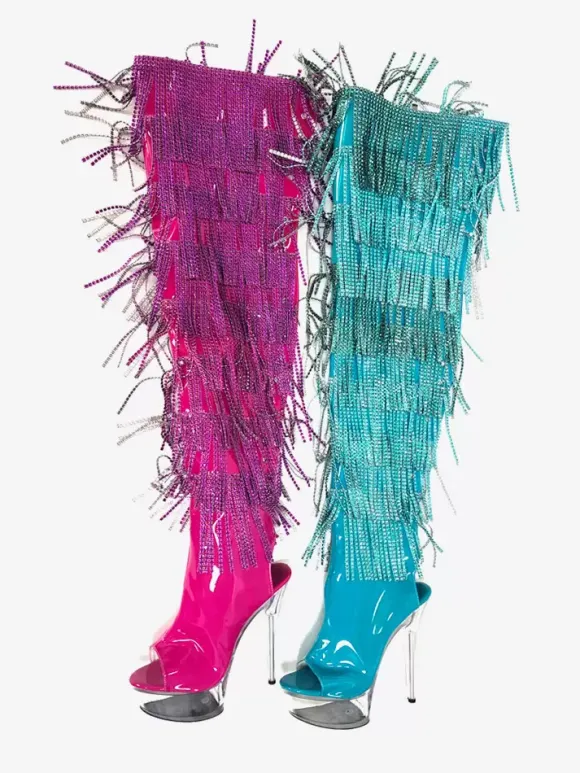 Women Sexy Boots Platform Peep Toe Zipper Stiletto Heel Rave Club Thigh High Boots With Rhinestones Tassles