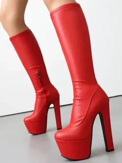 Women Sexy Boots Round Toe Chunky Heel Daily Casual Red Thigh High Boots Over The Knee Boots