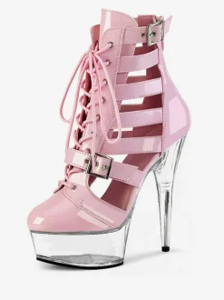 Women Sexy Boots Round Toe Lace Up Buckle Stripes Stiletto Heel Pole Dance Shoes