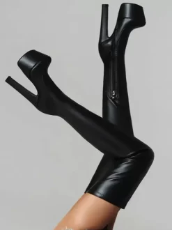 Women Sexy Boots Round Toe Chunky Heel Daily Casual PU Black Thigh High Boots Over The Knee Boots
