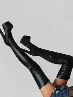 Women Sexy Boots Round Toe Chunky Heel Daily Casual PU Black Thigh High Boots Over The Knee Boots