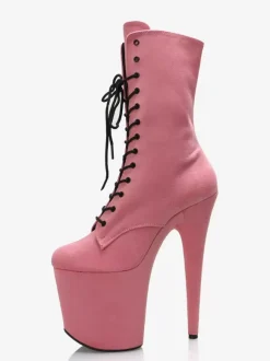 Women Sexy Boots Round Toe Lace Up Stiletto Heel Pole Dancing Pink Thigh High Boots Over The Knee Boots