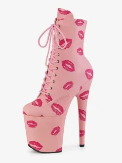Women Sexy Boots Round Toe Lace Up Kiss Stiletto Heel Pole Dancing Pink Thigh High Boots Over The Knee Boots