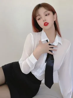 Women Sexy Costume School Girl 4-Piece Set Cravat T-Back Skirt Top Outfits