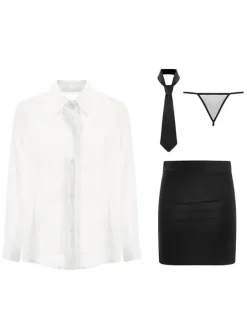 Women Sexy Costume School Girl 4-Piece Set Cravat T-Back Skirt Top Outfits