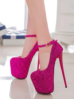 Women Sexy High Heels Pink Square Toe Sequined Ankle Strap Stiletto Heels Sexy Shoes