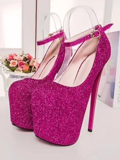 Women Sexy High Heels Pink Square Toe Sequined Ankle Strap Stiletto Heels Sexy Shoes
