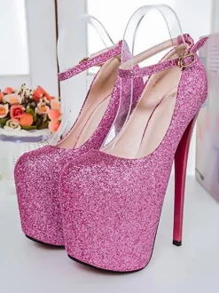 Women Sexy High Heels Pink Square Toe Sequined Ankle Strap Stiletto Heels Sexy Shoes