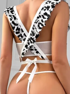 Women Sexy Maid Costume Cow Pattern Women's Leg Warmer Apron T-back Top Servant Girl Costumes