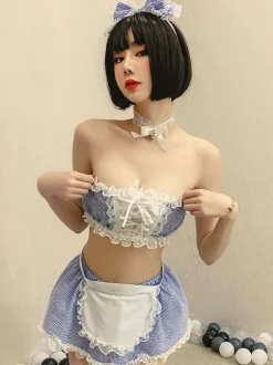 Women Sexy Maid Costume 6-Piece Set Mini Skirt T-Back Apron Headwear Choker Bra Servant Sexy Bedroom Costumes