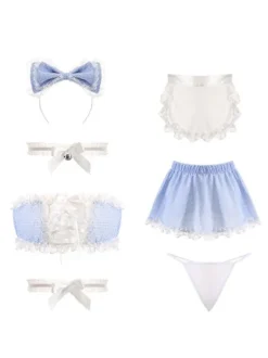 Women Sexy Maid Costume 6-Piece Set Mini Skirt T-Back Apron Headwear Choker Bra Servant Sexy Bedroom Costumes