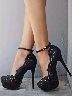 Women Sexy Platform Black Wedding HeelsHollow Out Stiletto Heel Ankle Strap Pumps