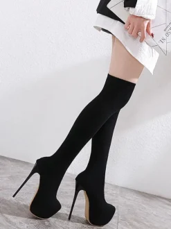 Women Sexy Platform Sock Boots Round Toe Stiletto Heel Knee High Boots