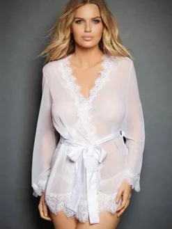 Women Sexy Robe Lace Sash Chiffon Nightwear