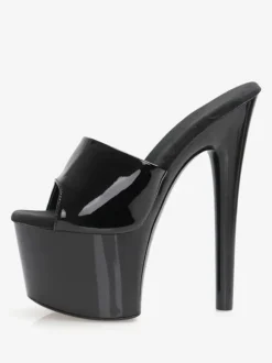 Women Sexy Sandals Black PU Leather Round Toe 2.8" Buckle 6.7" Sexy Shoes