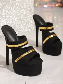 Women Sexy Sandals Black Micro Suede Platform Open Toe Sexy Slippers