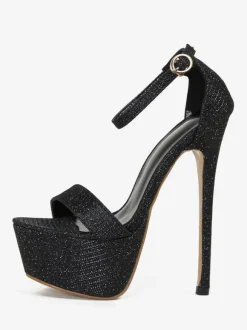 Women Sexy Sandals Black PU Leather Round Toe High(1.6-2.6") 6.3" Sexy Shoes