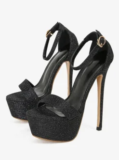 Women Sexy Sandals Black PU Leather Round Toe High(1.6-2.6") 6.3" Sexy Shoes