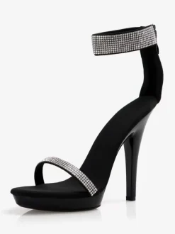 Women Sexy Sandals Black Open Toe Rhinestones Ankle Strap Sandals