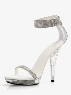 Women Sexy Sandals Black Open Toe Rhinestones Ankle Strap Sandals