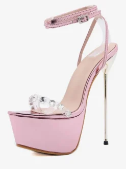 Women Sexy Sandals Light Pink PU Leather Almond Toe Stiletto Heel Sexy Shoes