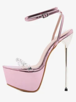 Women Sexy Sandals Light Pink PU Leather Almond Toe Stiletto Heel Sexy Shoes