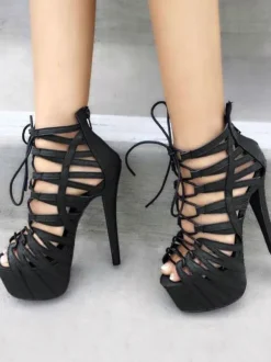 Women Sexy Shoes Black Platform Peep Toe Cut Out Lace Up High Heel Sandals