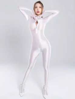 Women Silky Shiny Zip-Up High Neck Bodysuit Seamless Shapewear Lycra Solid Color Catsuit
