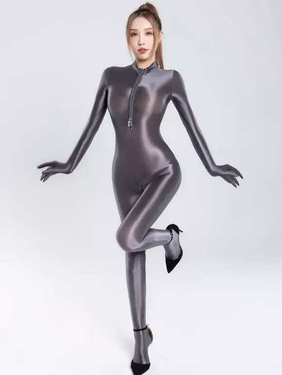 Women Silky Shiny Zip-Up High Neck Bodysuit Seamless Shapewear Lycra Solid Color Catsuit