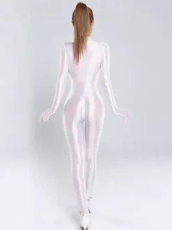 Women Silky Shiny Zip-Up High Neck Bodysuit Seamless Shapewear Lycra Solid Color Catsuit